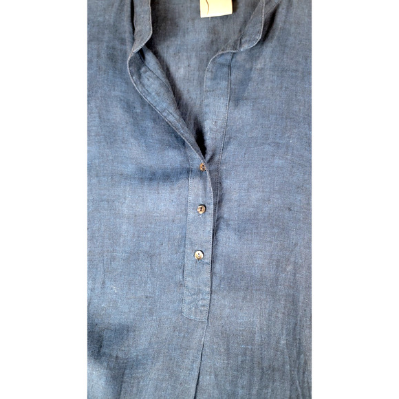 Finley Linen Blue Long Sleeve Frayed Hem Dress Woman's Size Large USA Made Beach - Picture 2 of 8